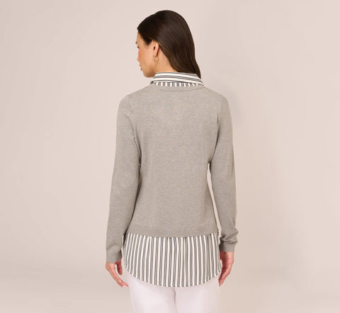 Layered V-Neck Sweater In H. Grey W Ivory Navydualstripe