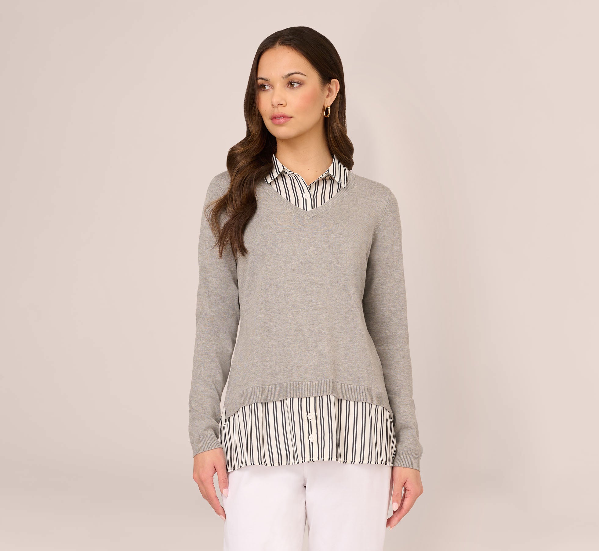 Layered V Neck Sweater In H. Grey W Ivory Navydualstripe