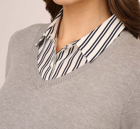 Layered V-Neck Sweater In H. Grey W Ivory Navydualstripe