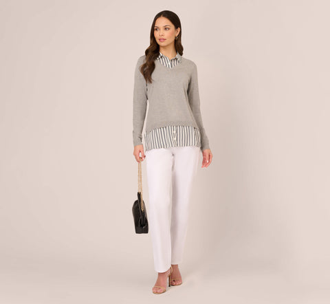 Layered V-Neck Sweater In H. Grey W Ivory Navydualstripe