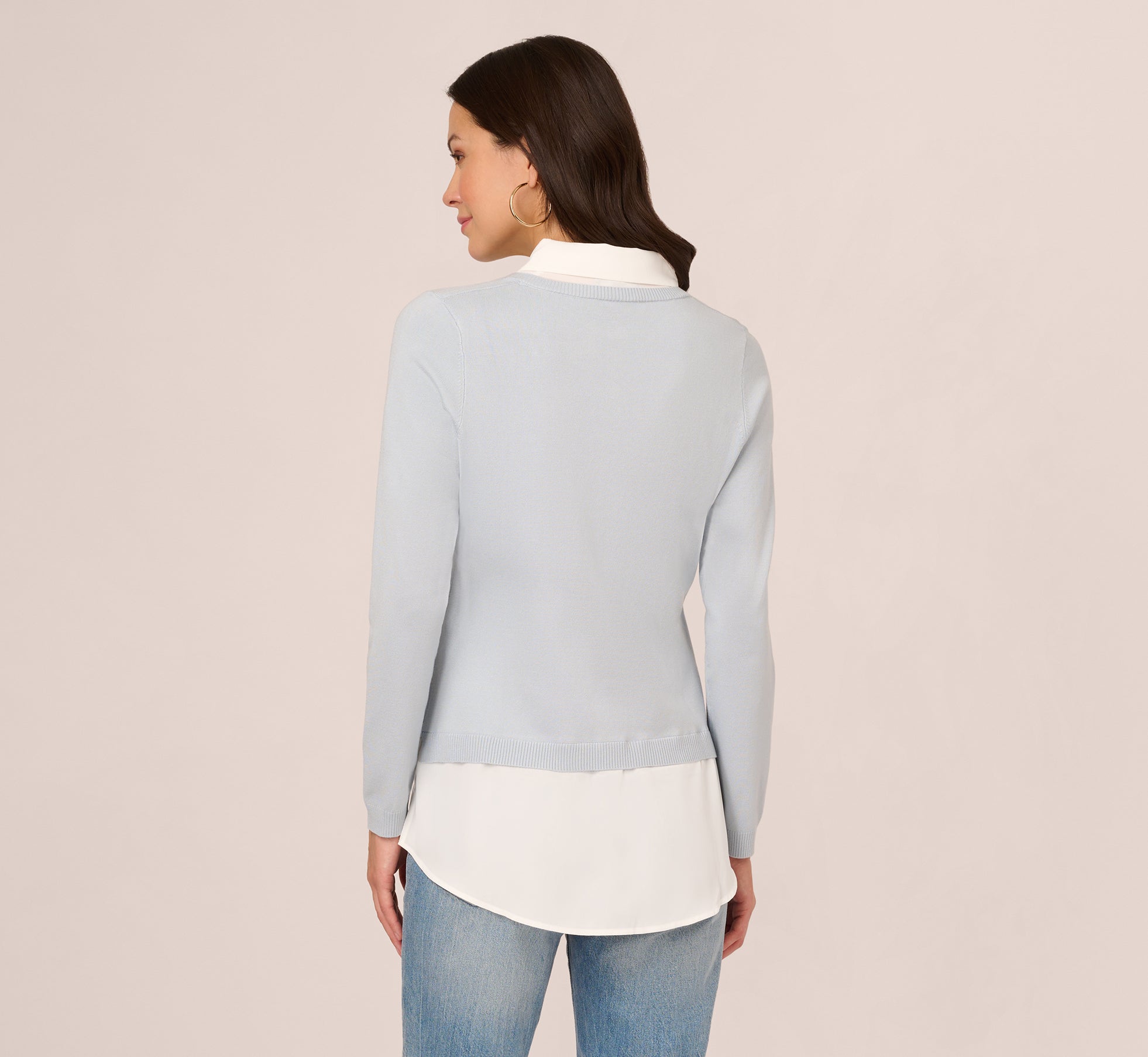 Long Sleeve Twofer Collared Knit Top In Niagara Mist Ivory