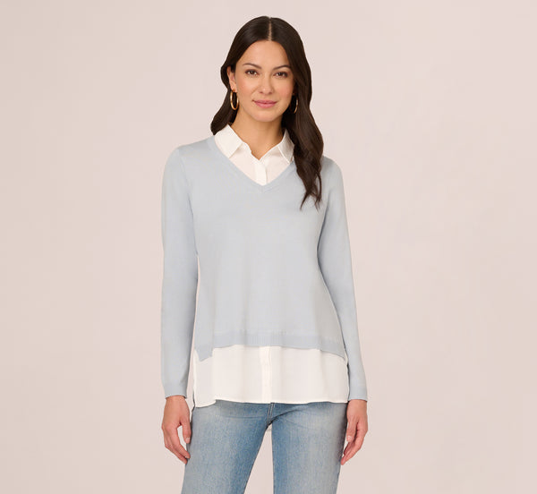 Long Sleeve Twofer Collared Knit Top In Niagara Mist Ivory