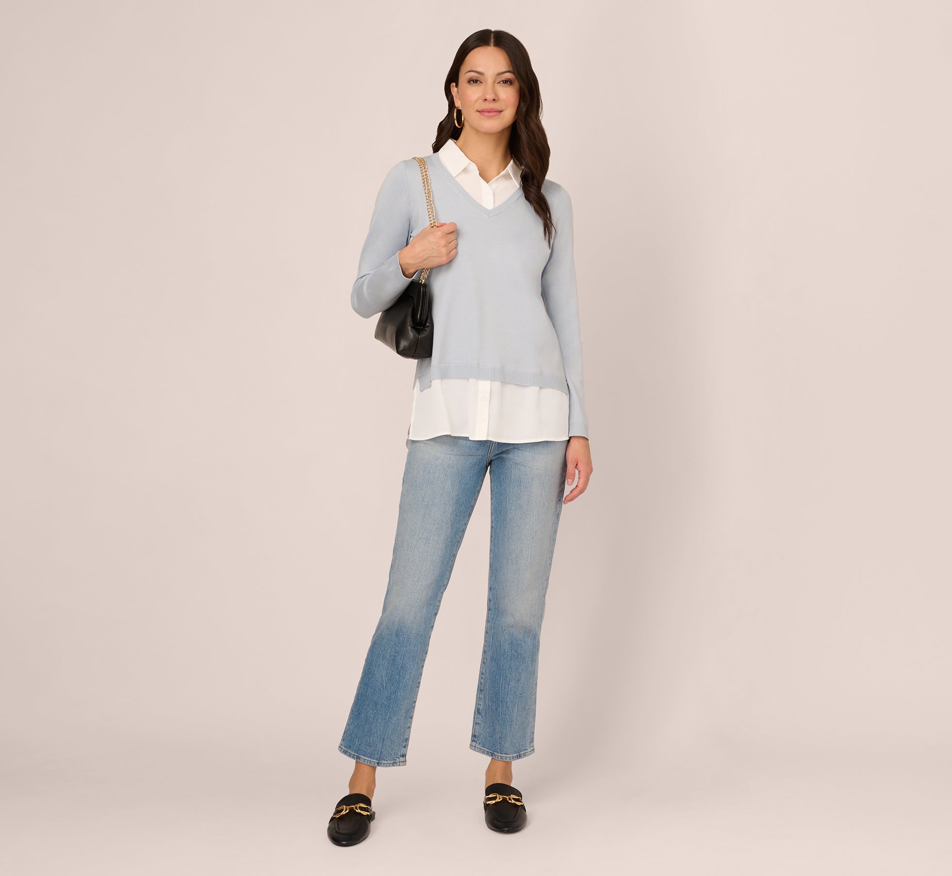 Long Sleeve Twofer Collared Knit Top In Niagara Mist Ivory