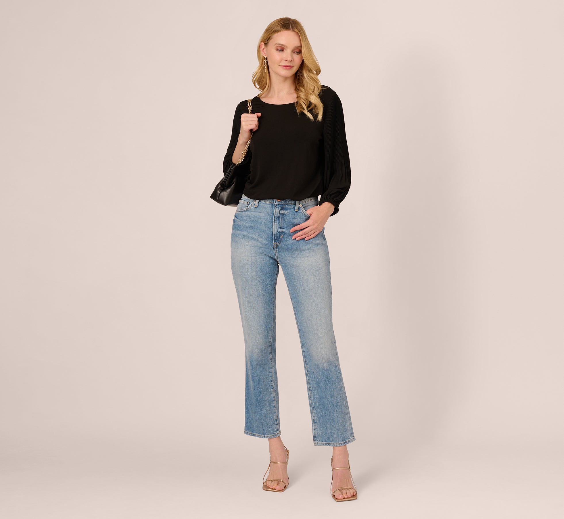 Knit Top With Pleated Sleeves In Black Adrianna Papell