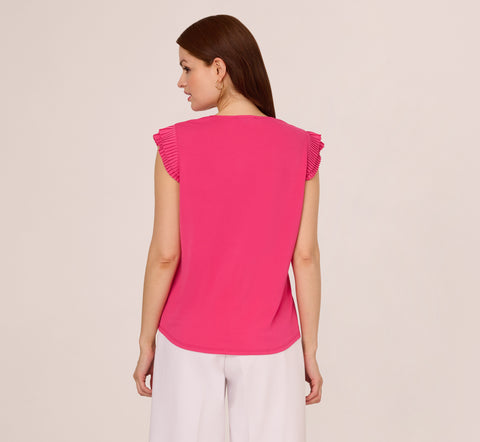 V-Neck Top With Pleated Flutter Sleeves In Fuchsia Fedora