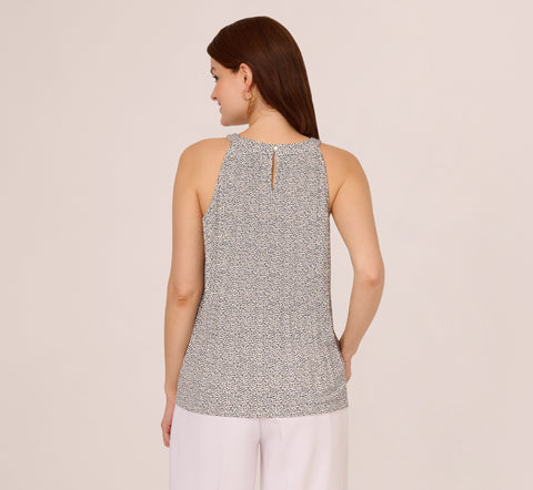 Sleeveless Printed Trapeze Top With Crinkle Details In Ivory Navy Ditsy Leafy Vine