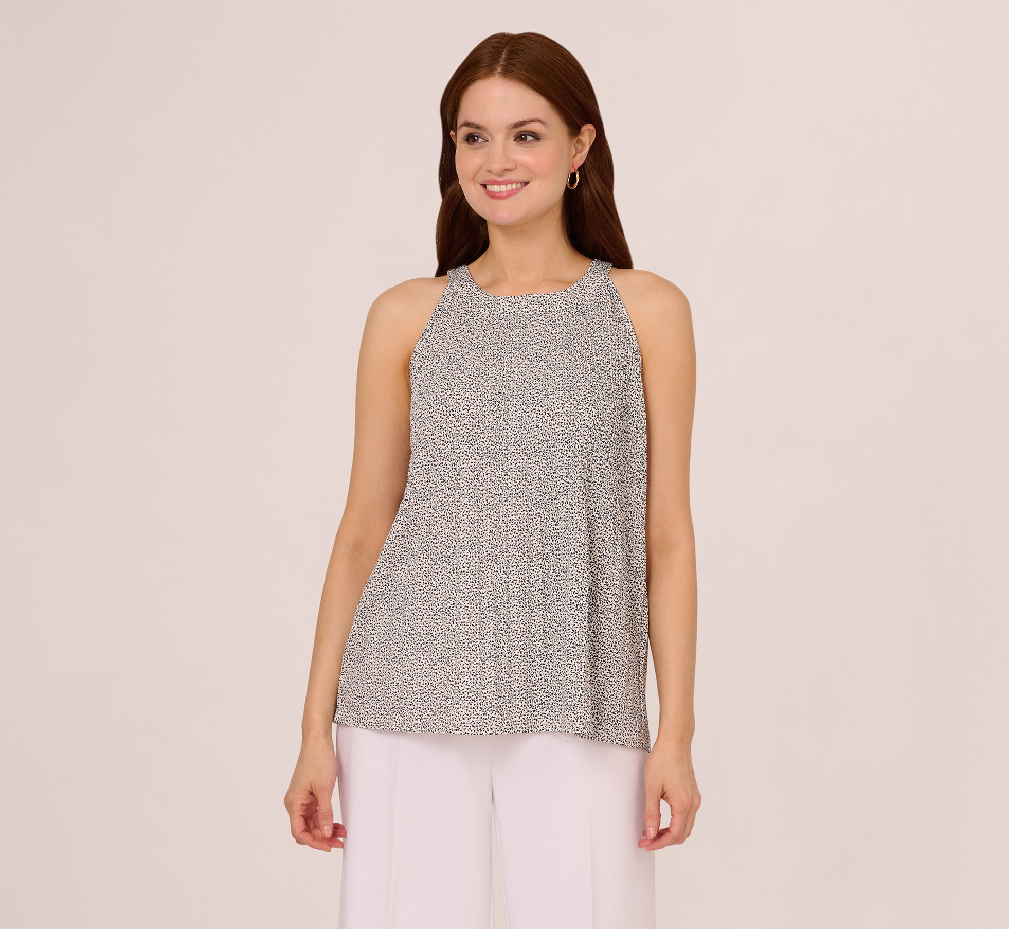 Sleeveless Printed Trapeze Top With Crinkle Details In Ivory Navy Ditsy Leafy Vine 1