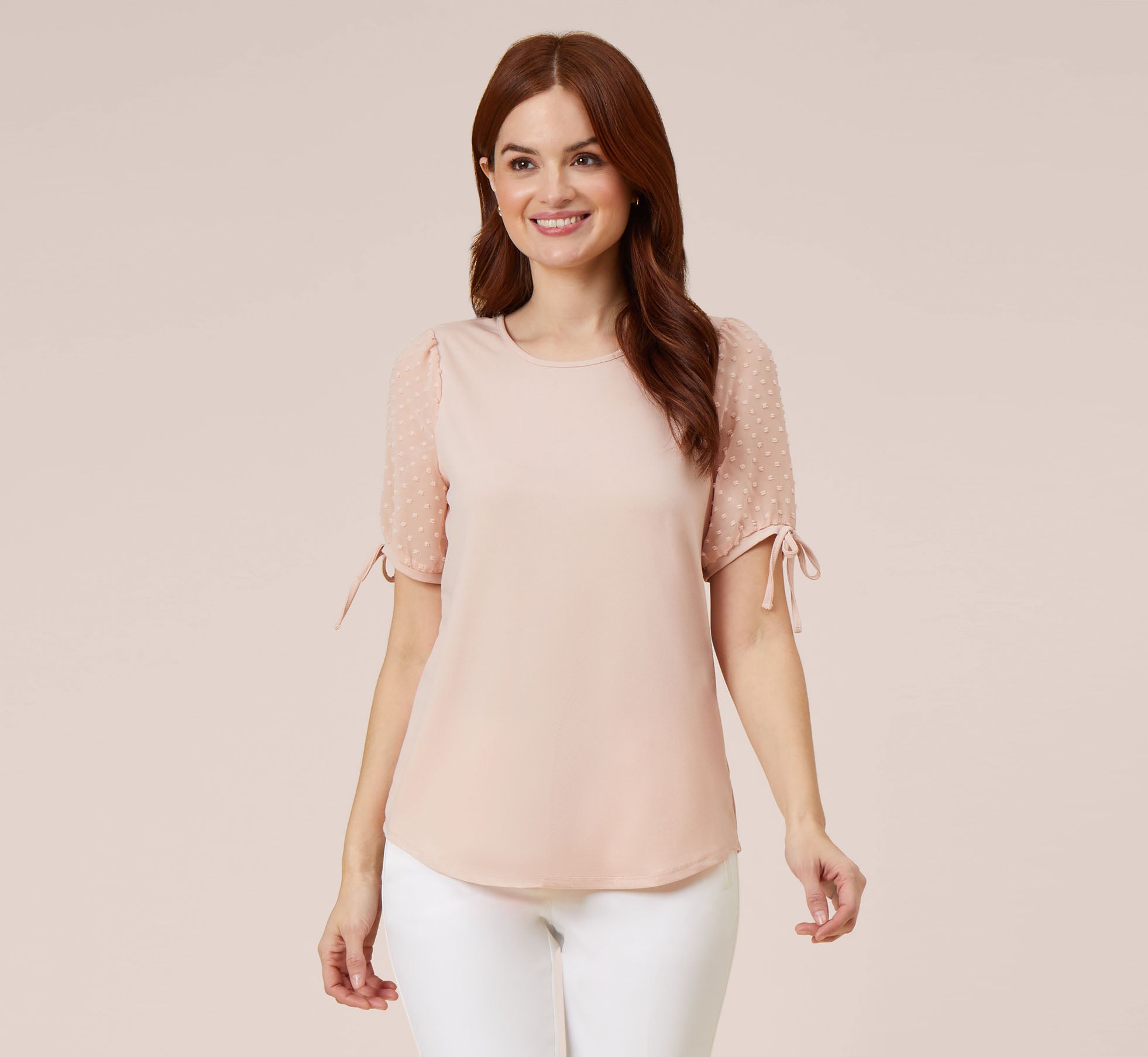 Scoop Neck Top With Swiss Dot Short Sleeves In Champagne