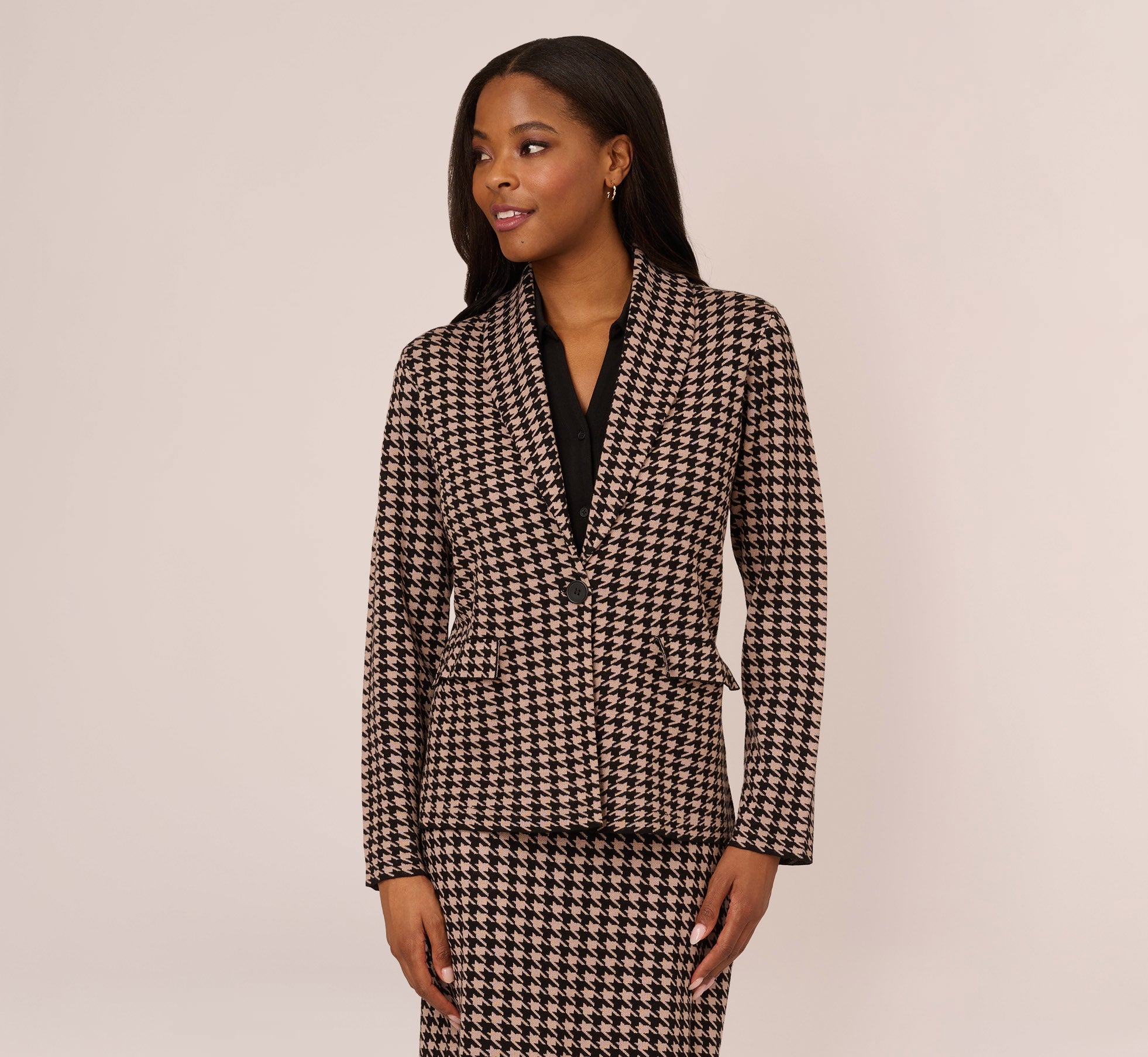 Houndstooth Blazer With Shawl Collar In Dusty Camel Soft Houndstooth 1