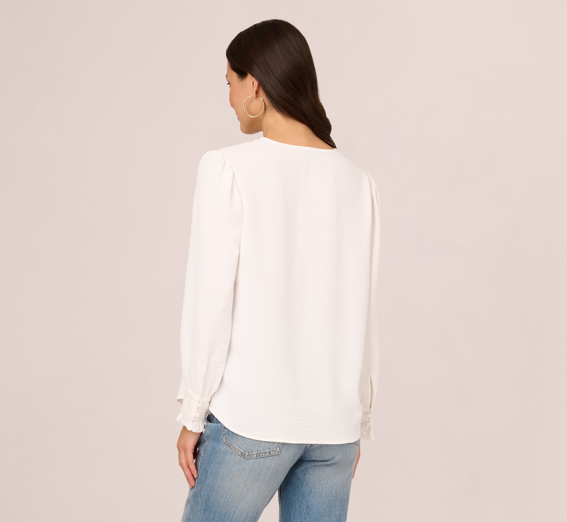 Long Sleeve Covered Button Up Top With V Neck In Ivory | Adrianna