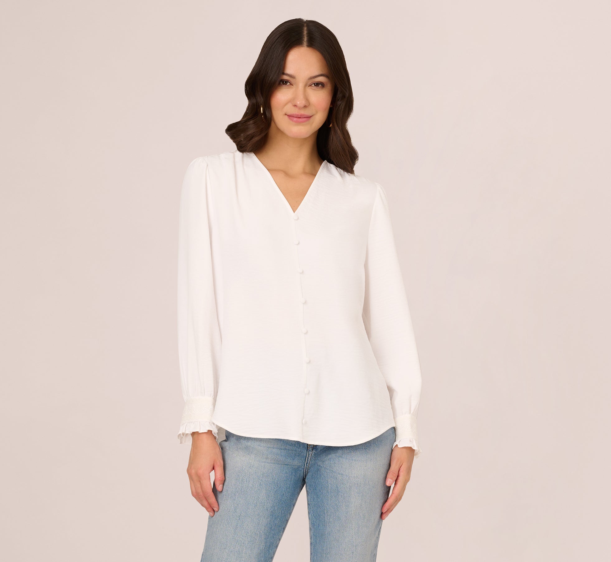 Long Sleeve Covered Button Up Top With V Neck In Ivory | Adrianna