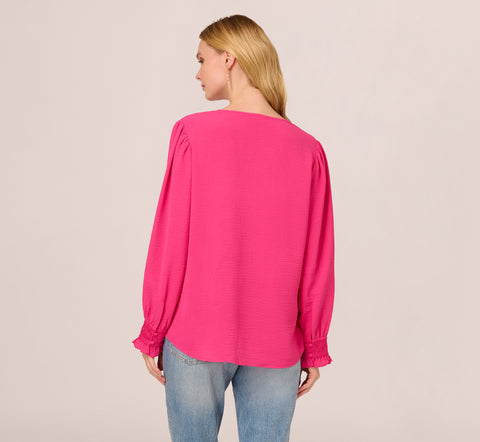 Long Sleeve Covered Button Up Top With V Neck In Hot Pink