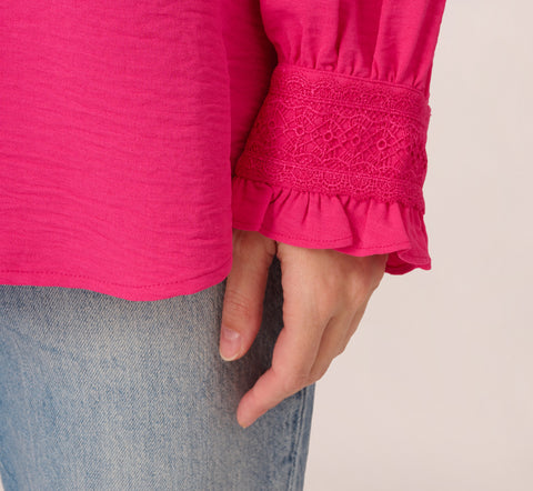 Long Sleeve Covered Button Up Top With V Neck In Hot Pink