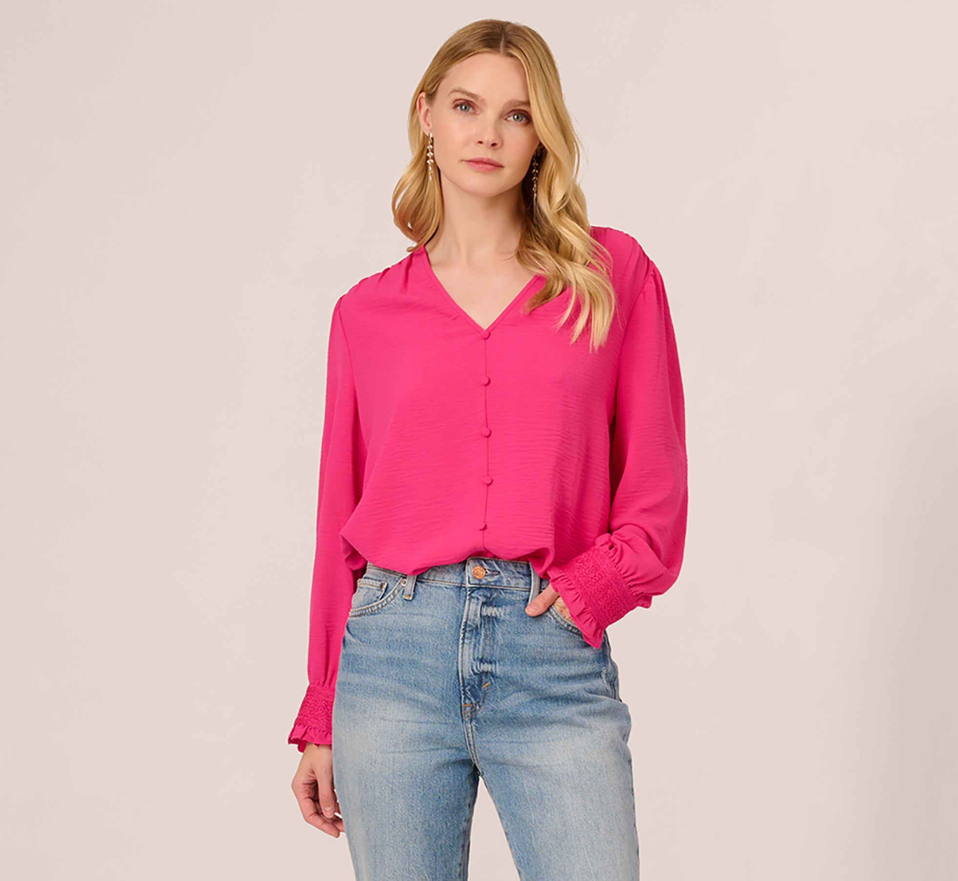 Long Sleeve Covered Button Up Top With V Neck In Hot Pink 1