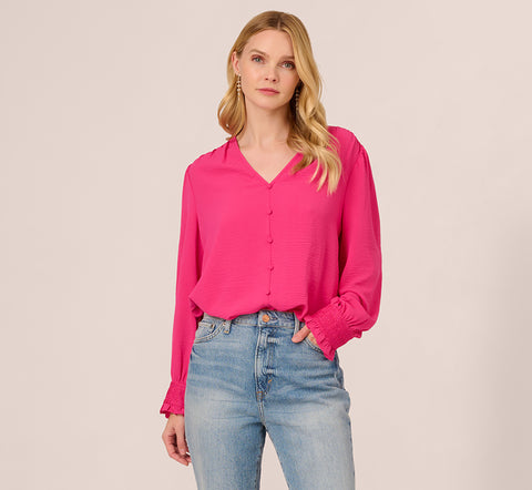 Long Sleeve Covered Button Up Top With V Neck In Hot Pink