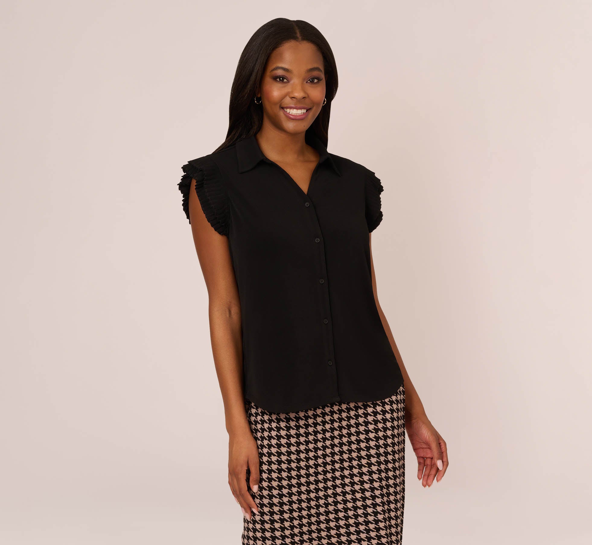 Collared Button Up Top With Flutter Sleeves In Black 1