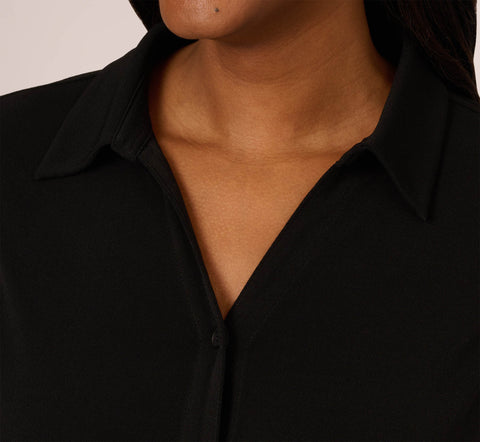 Collared Button Up Top With Flutter Sleeves In Black