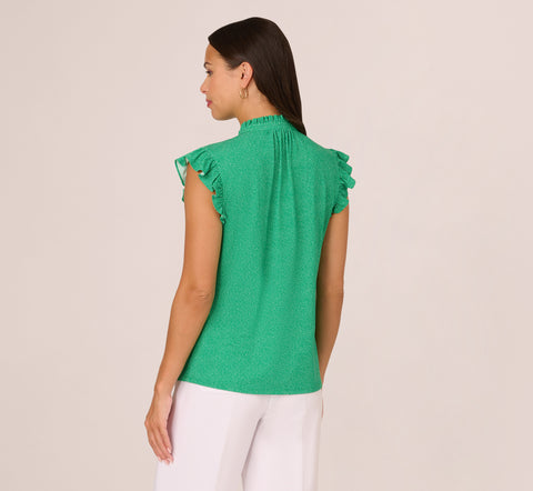 Printed Flutter Sleeve Top With Tie Neck In Emerald Ivory Micro Dot