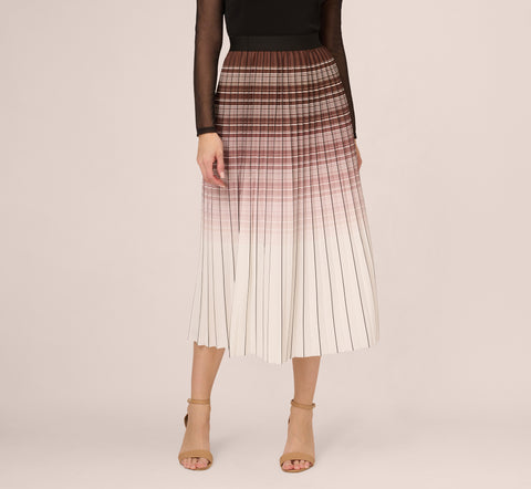 Multicolor Stripe Print Pleated Midi Skirt In Mocha Ivory Chevron Stripe