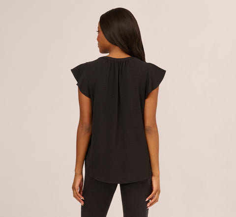 Flutter Sleeve Top With Notched Neck In Black