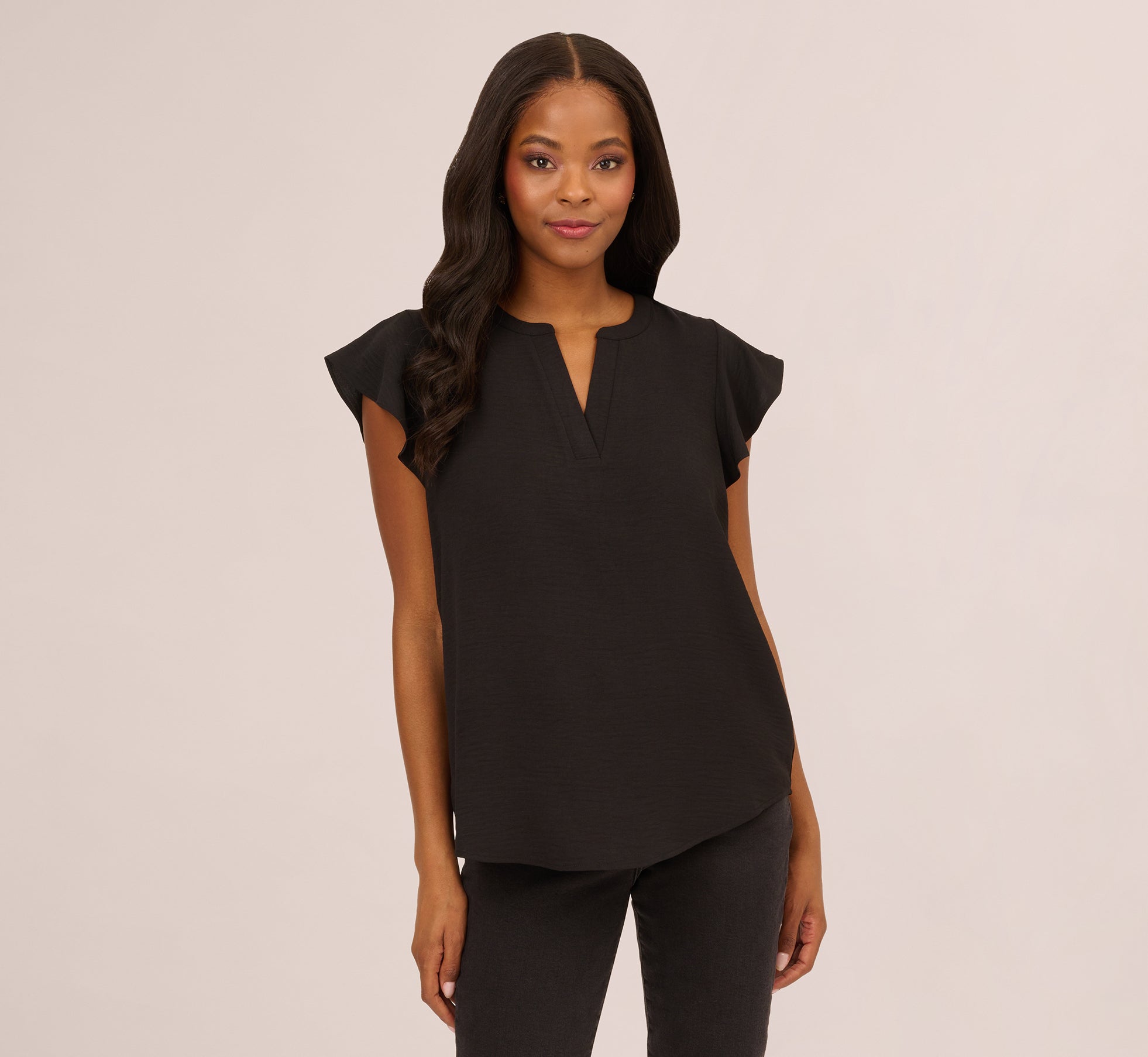 Flutter Sleeve Top With Notched Neck In Black 1