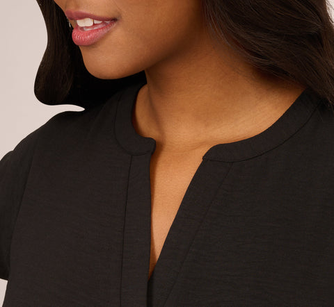 Flutter Sleeve Top With Notched Neck In Black