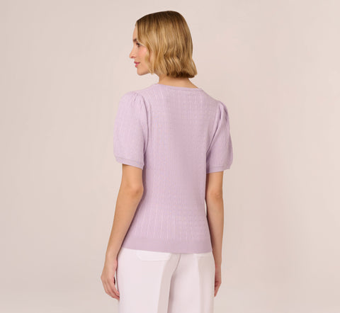 Short Sleeve Cable Knit Sweater With Crew Neckline In Orchid Petal