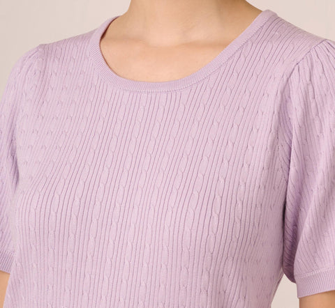 Short Sleeve Cable Knit Sweater With Crew Neckline In Orchid Petal