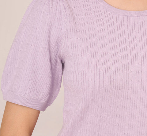 Short Sleeve Cable Knit Sweater With Crew Neckline In Orchid Petal