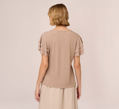 Flutter Sleeve Top With V Neckline In Cocoa Ivory Micro Dot