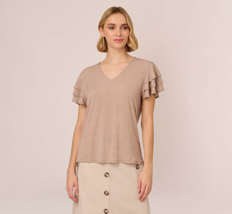 Flutter Sleeve Top With V Neckline In Cocoa Ivory Micro Dot