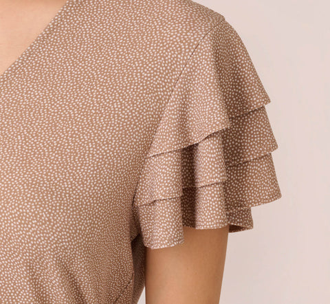 Flutter Sleeve Top With V Neckline In Cocoa Ivory Micro Dot