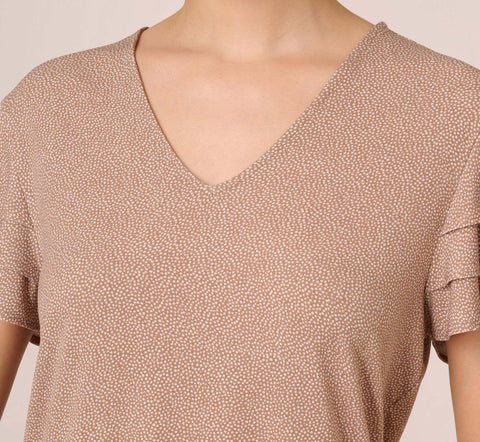 Flutter Sleeve Top With V Neckline In Cocoa Ivory Micro Dot