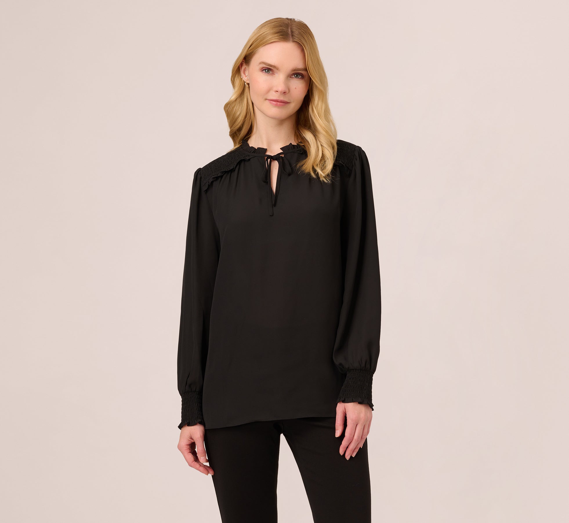 Ruffle Tie Neck Top With Smocked Long Sleeves In Black – Adrianna Papell