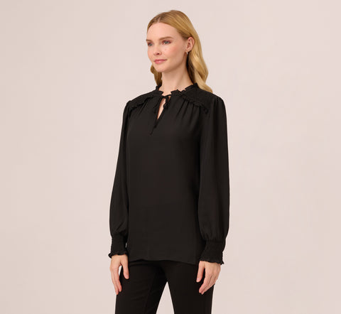 Ruffle Tie Neck Top With Smocked Long Sleeves In Black