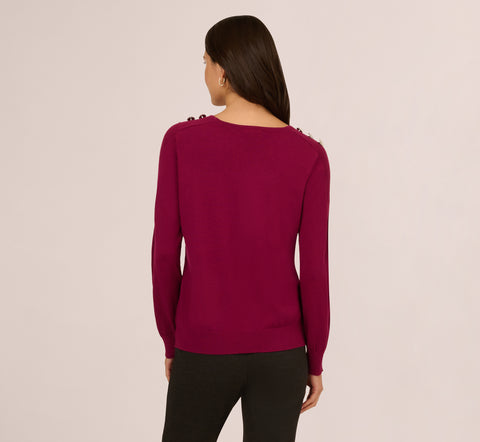 Ribbed Detail Embellished Pullover Sweater In Wine Berry