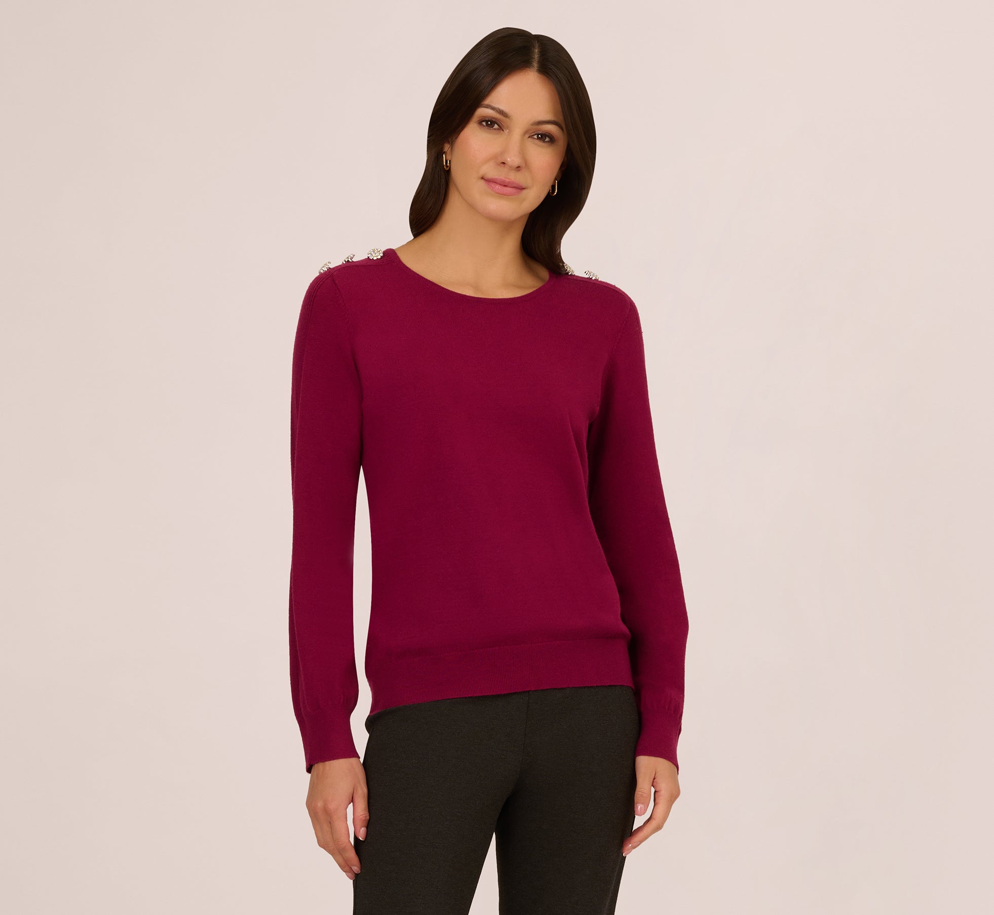 Ribbed Detail Embellished Pullover Sweater In Wine Berry 1