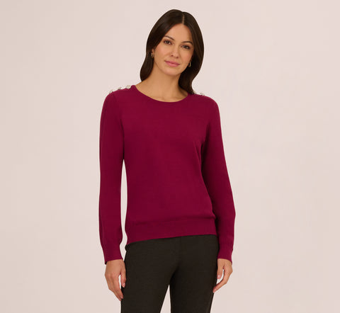 Ribbed Detail Embellished Pullover Sweater In Wine Berry