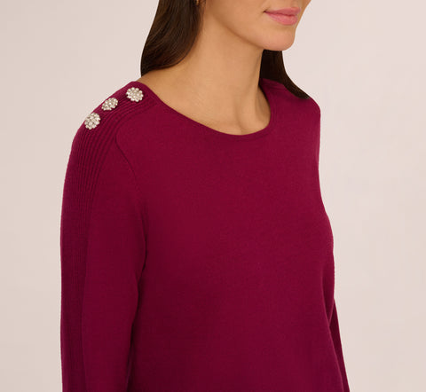 Ribbed Detail Embellished Pullover Sweater In Wine Berry