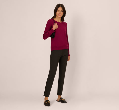 Ribbed Detail Embellished Pullover Sweater In Wine Berry