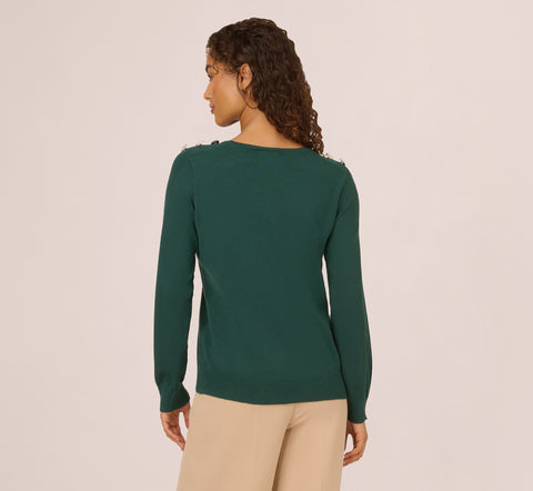 Ribbed Detail Embellished Pullover Sweater In Deep Forest