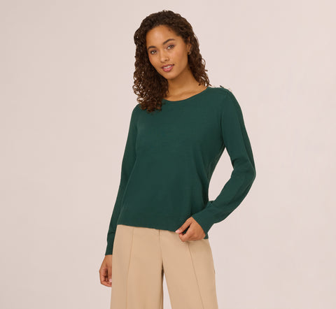 Ribbed Detail Embellished Pullover Sweater In Deep Forest