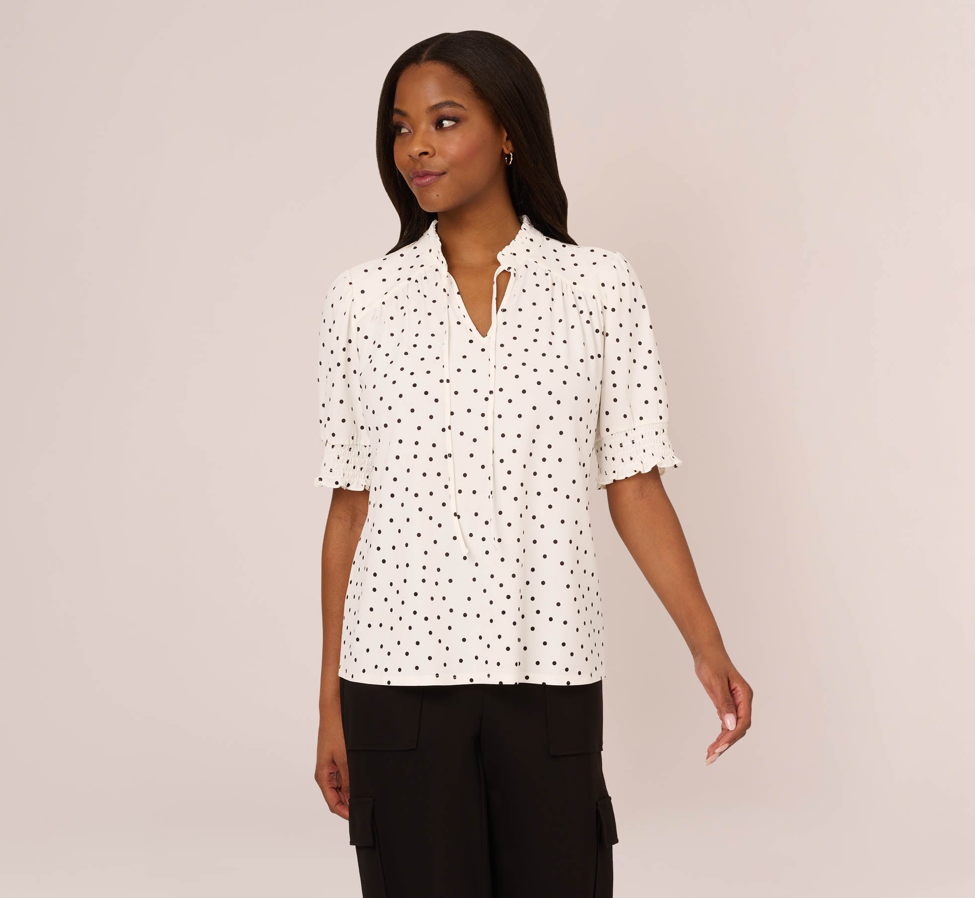 Printed Long Sleeve Button Up Top With Tie Front In Ivory Disperse