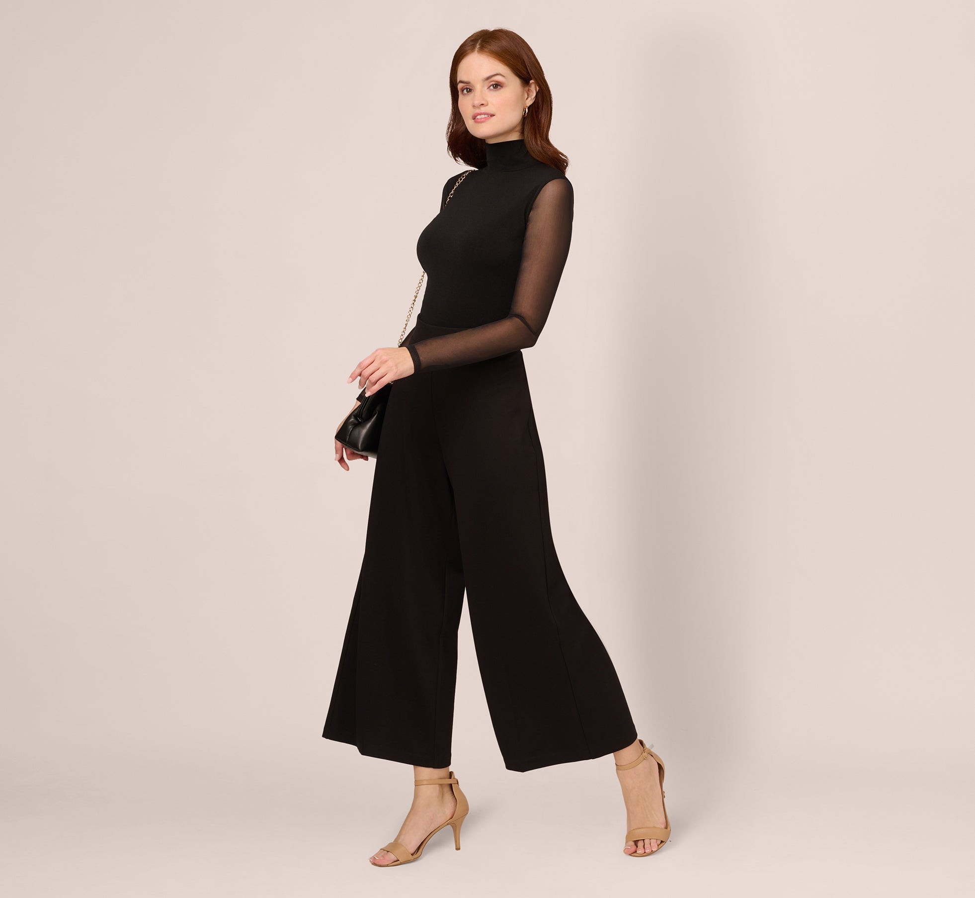 Ponte Knit Wide Leg Pants With Elastic Waist In Black Adrianna