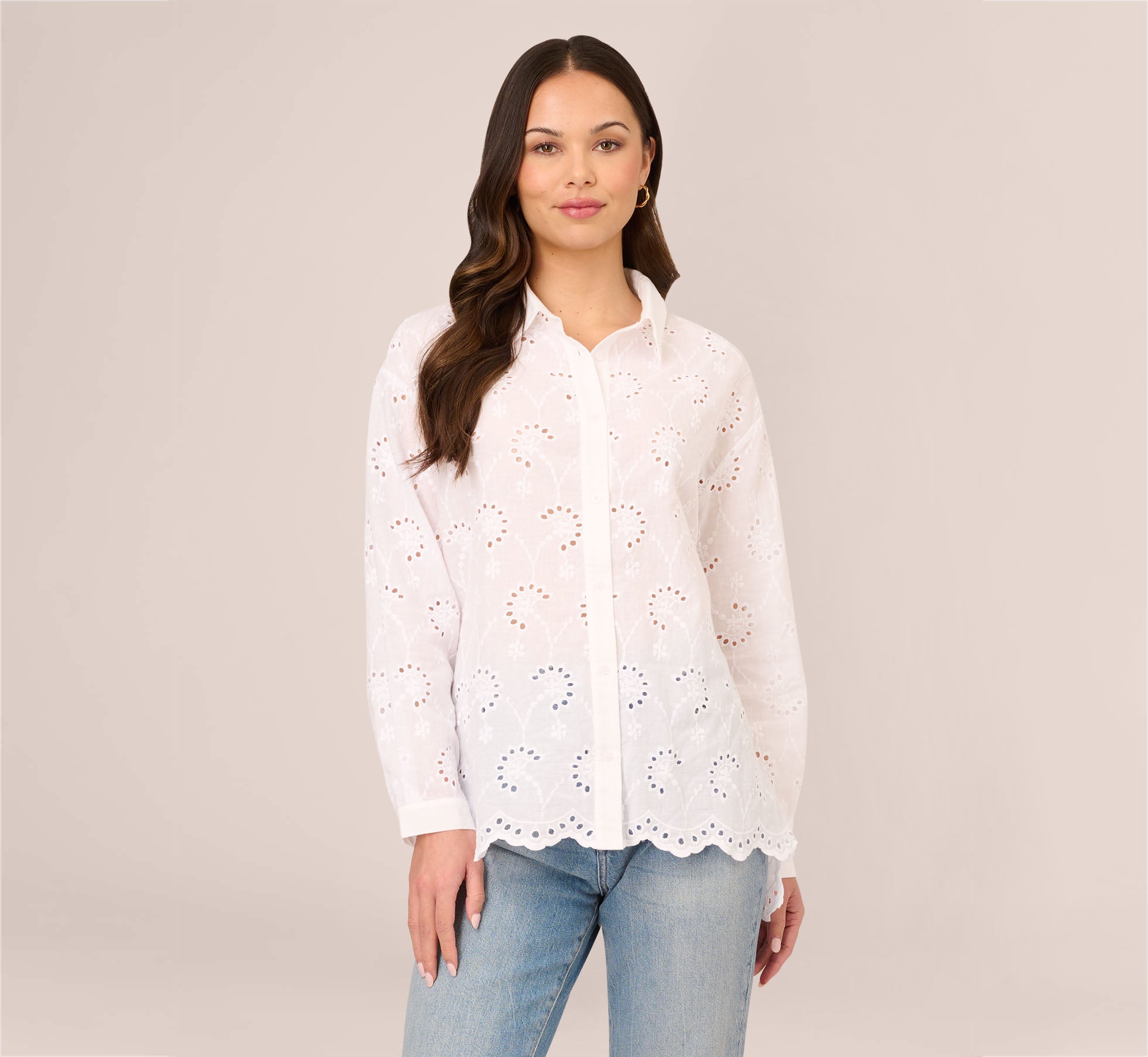 Button Down Eyelet Top With Long Sleeves In White Adrianna Papell