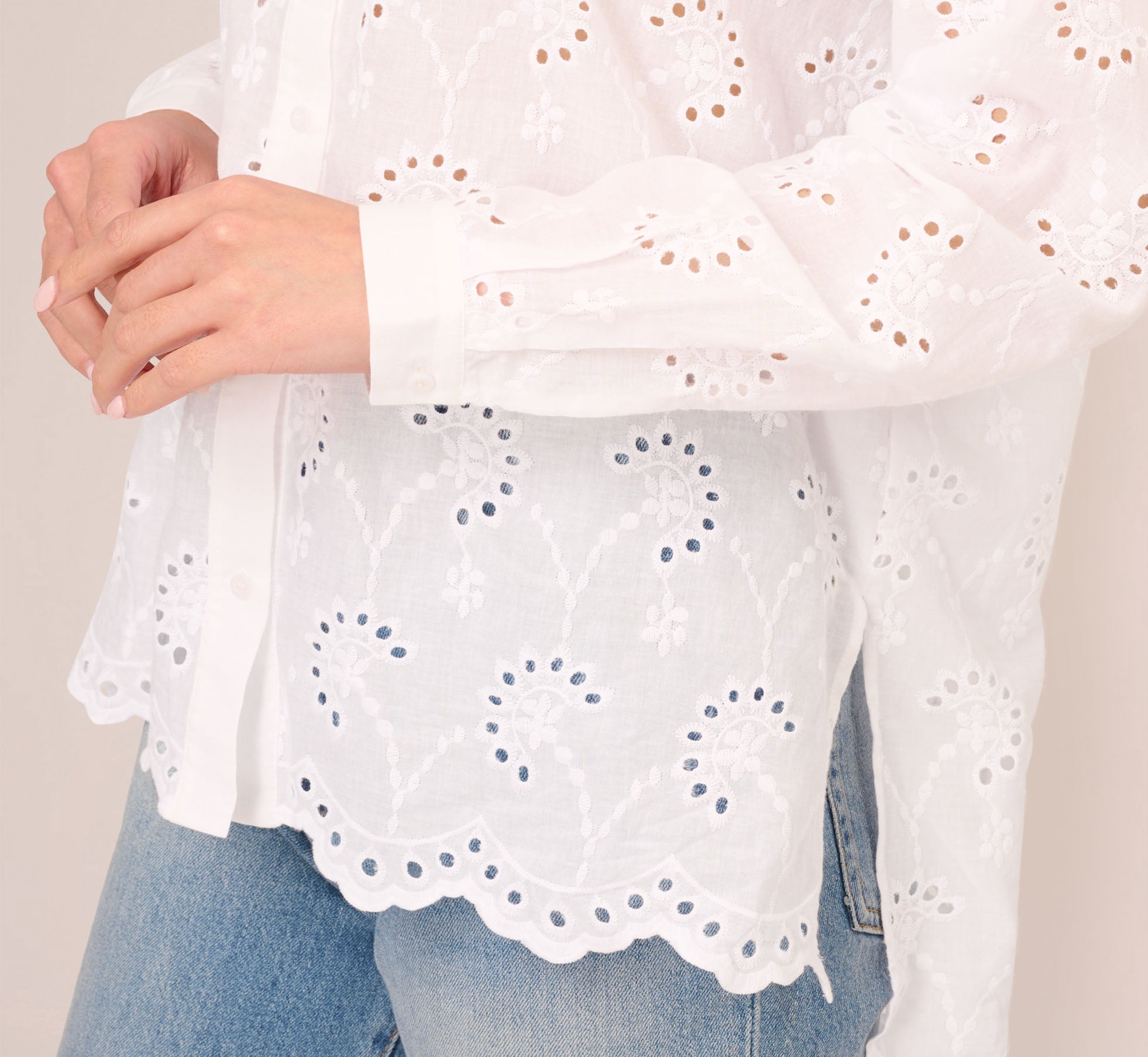 Button Down Eyelet Top With Long Sleeves In White | Adrianna Papell