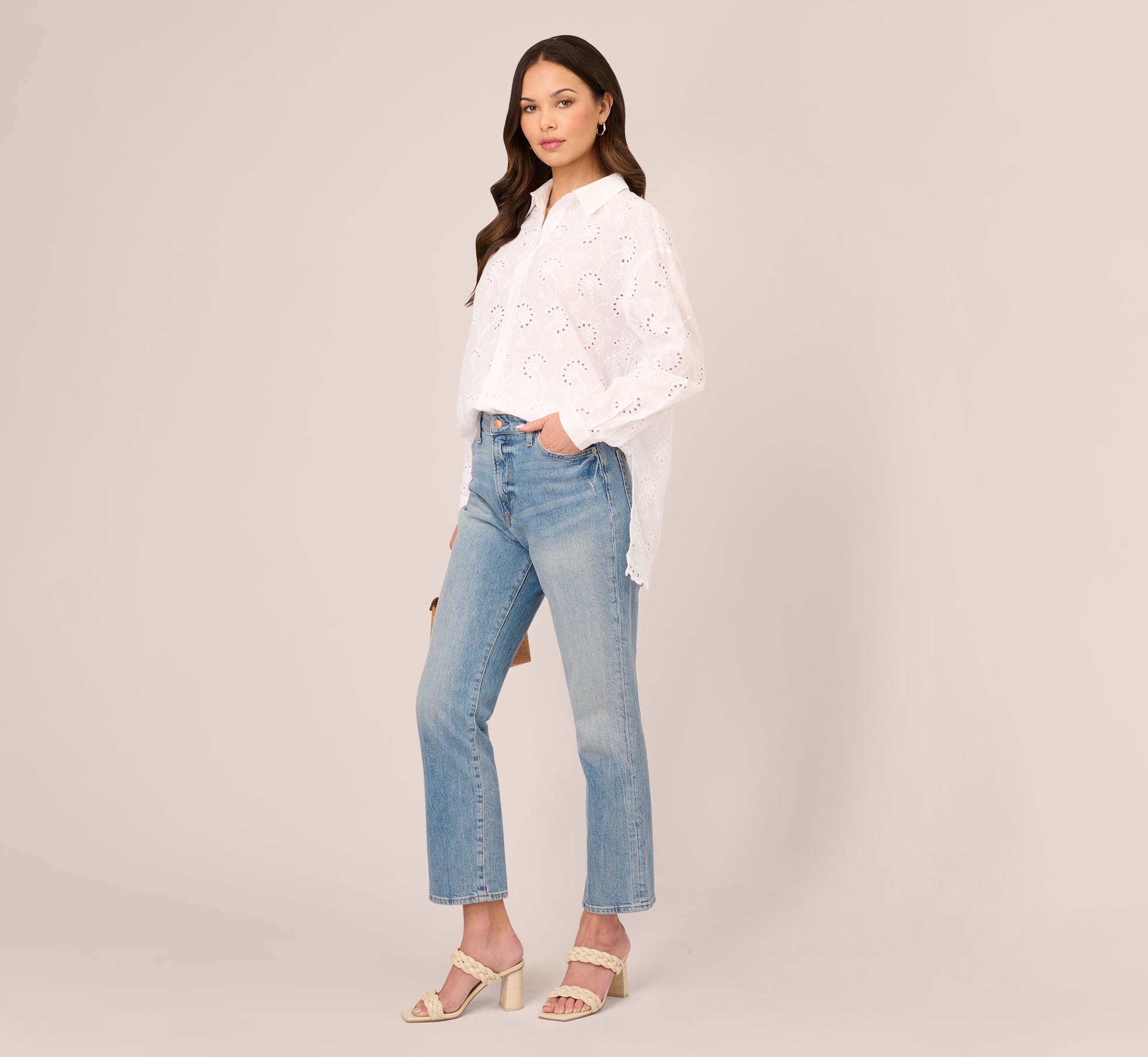 Button Down Eyelet Top With Long Sleeves In White | Adrianna Papell