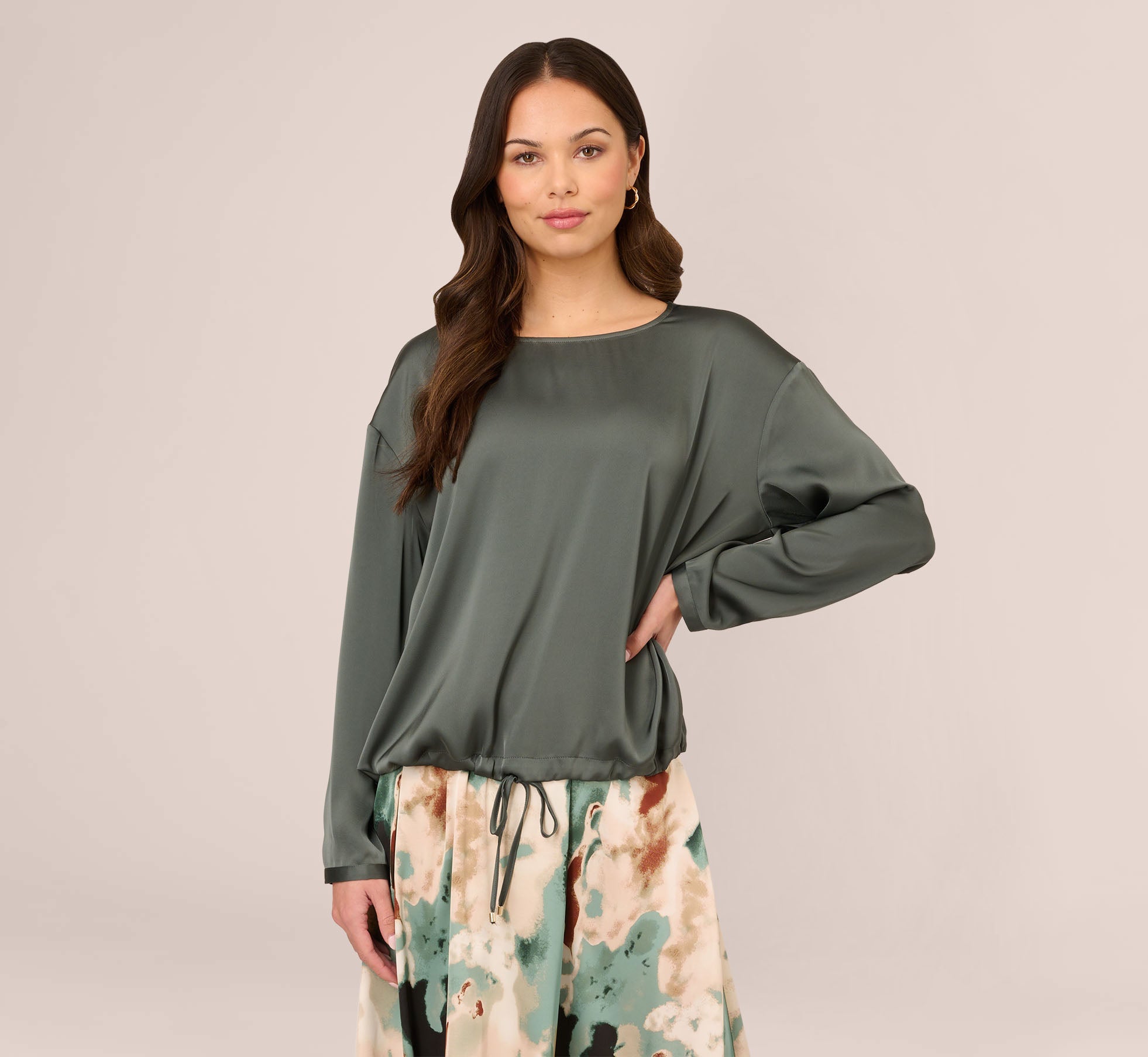 Satin Long Sleeve Top With Drawstring Hem In Sea Spray Adrianna