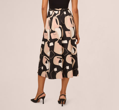 Abstract Print A Line Satin Midi Skirt In Black Modern Art