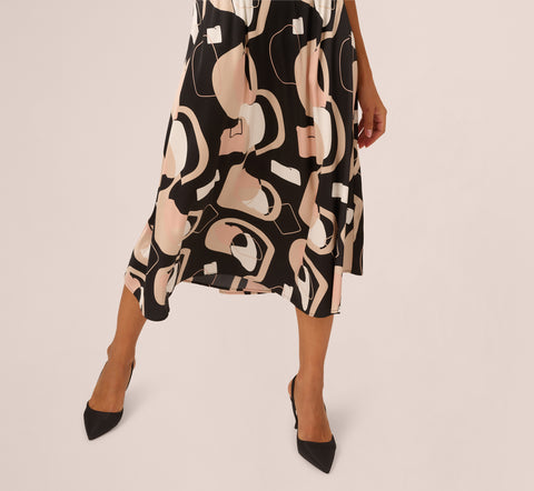 Abstract Print A Line Satin Midi Skirt In Black Modern Art